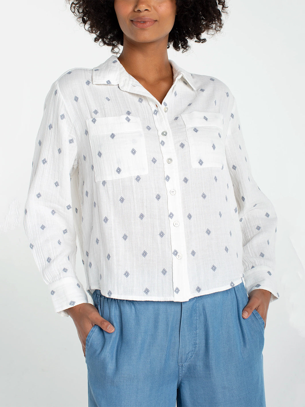 Button Front Shirt W/ High Low Hem in Off White