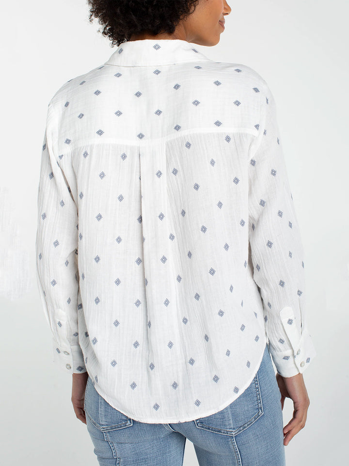 Button Front Shirt W/ High Low Hem in Off White