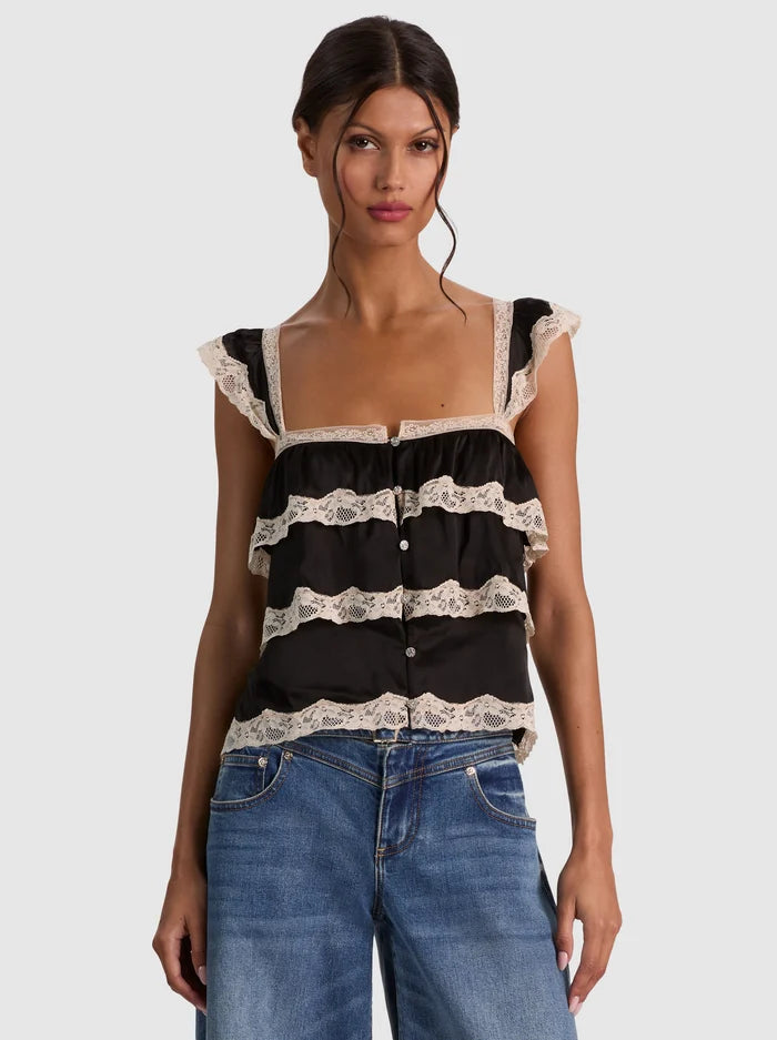 Sylvie Tiered Lace Blouse in Black
