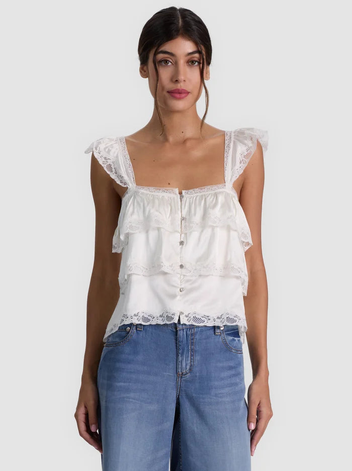 Sylvie Tiered Lace Blouse in Vanilla