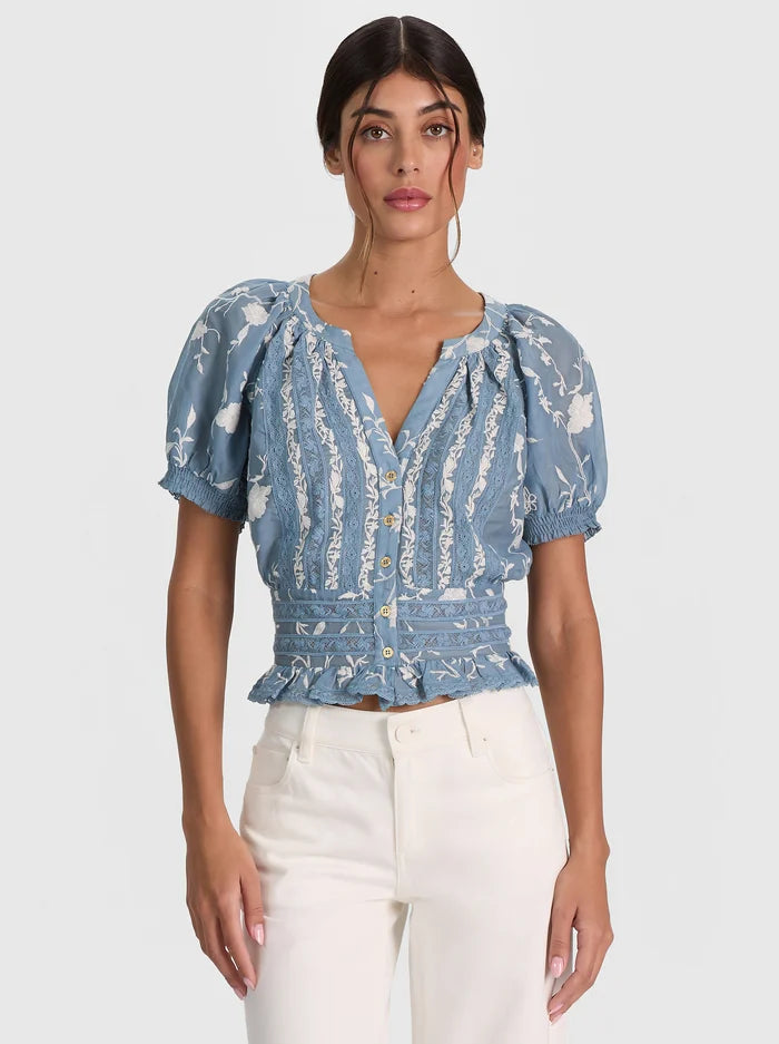 Katherine Lace Trim Blouse in Deep Denim Blue/Vanilla