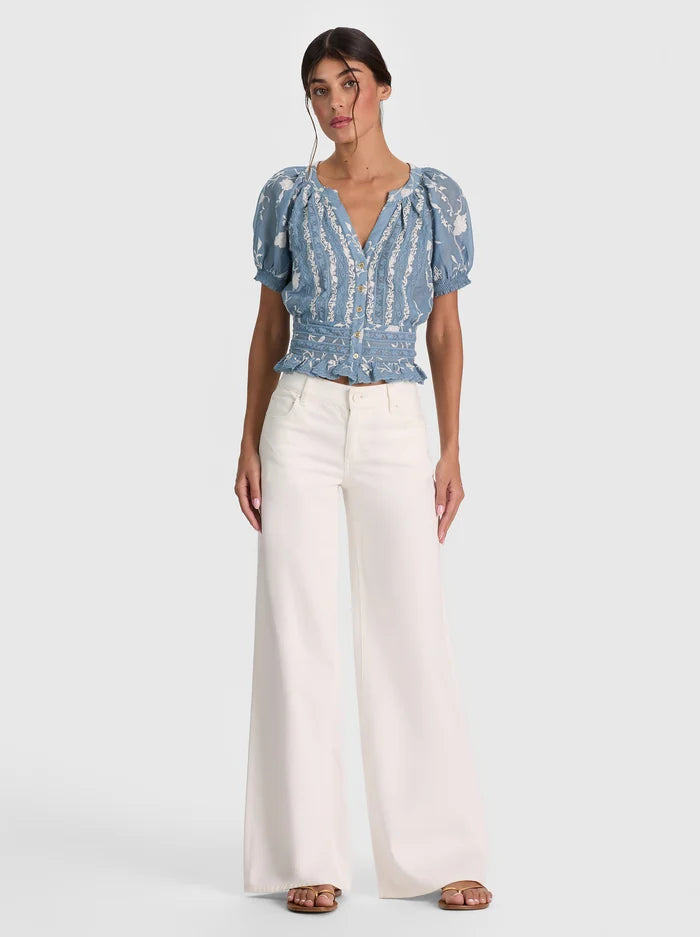 Katherine Lace Trim Blouse in Deep Denim Blue/Vanilla
