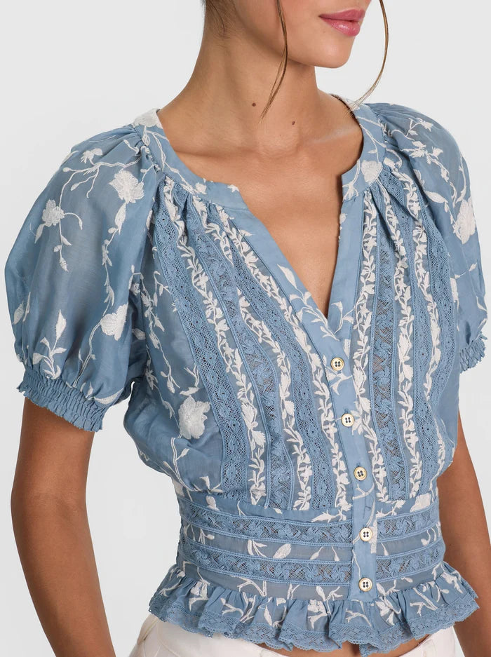 Katherine Lace Trim Blouse in Deep Denim Blue/Vanilla
