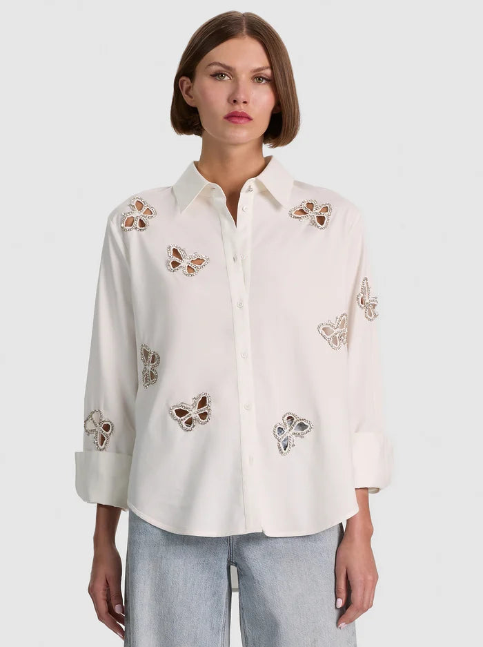 Finley Embellished Cutout Button Down in Off White/Silver Crystal