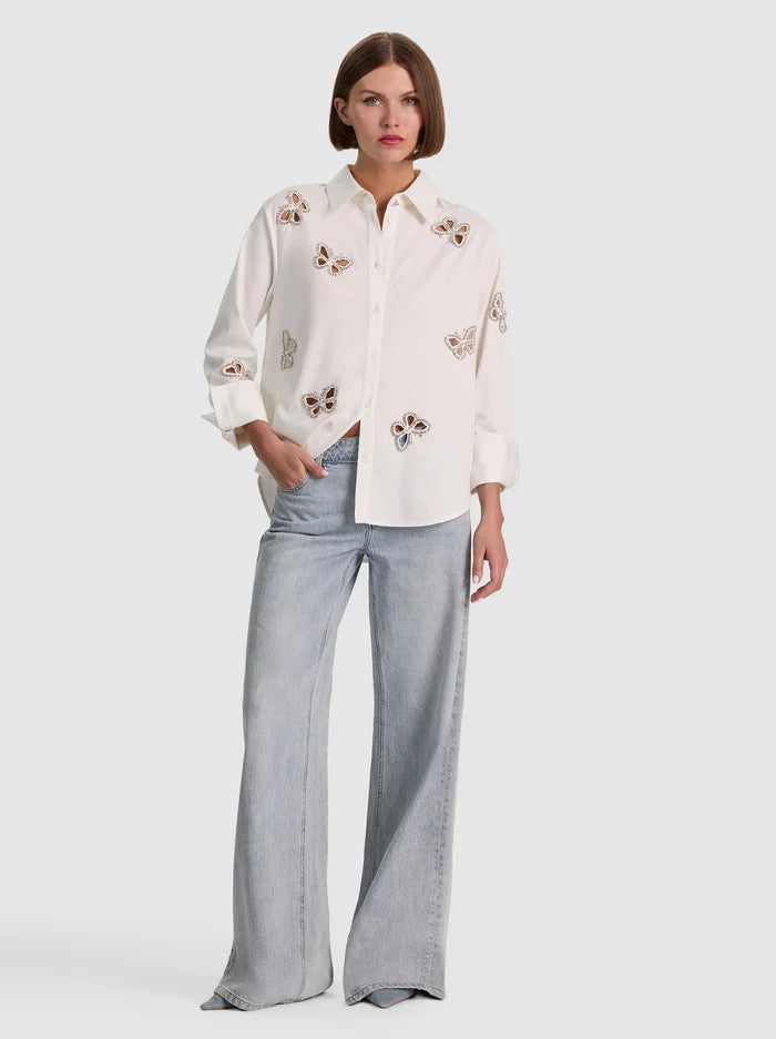 Finley Embellished Cutout Button Down in Off White/Silver Crystal
