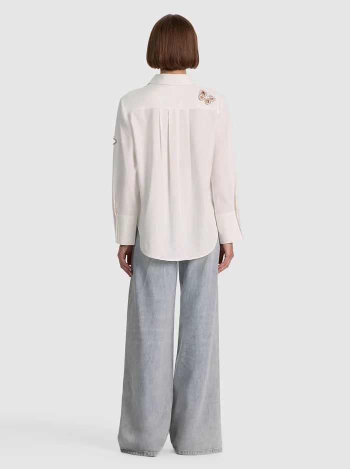 Finley Embellished Cutout Button Down in Off White/Silver Crystal