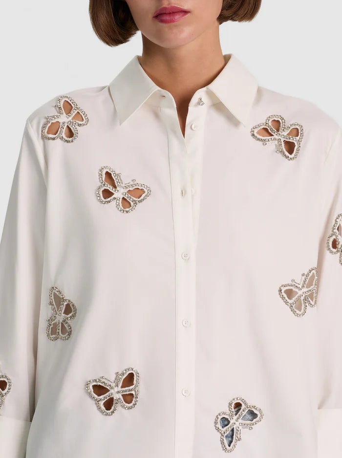 Finley Embellished Cutout Button Down in Off White/Silver Crystal