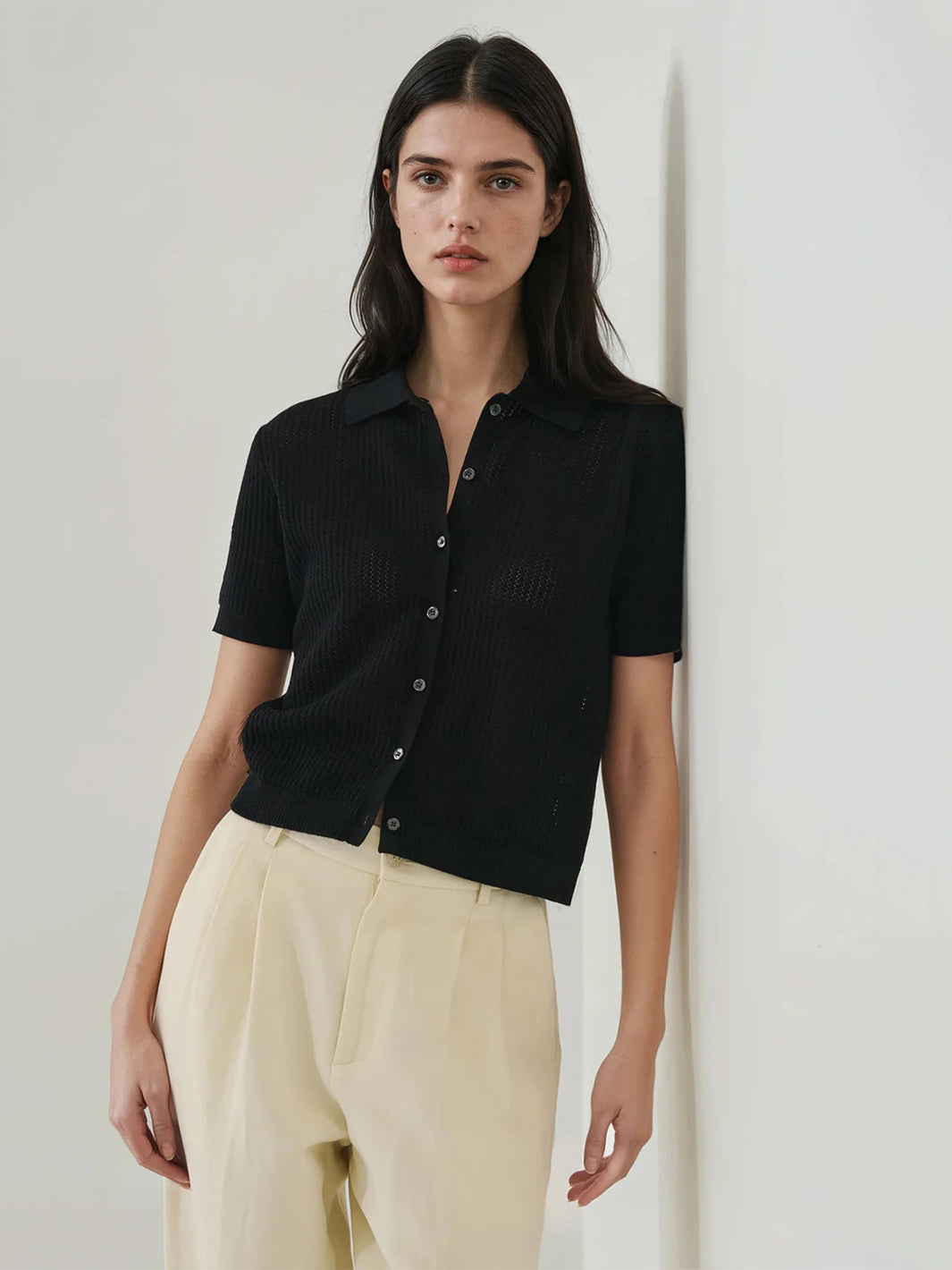 Cotton/Cashmere Button Up in Black