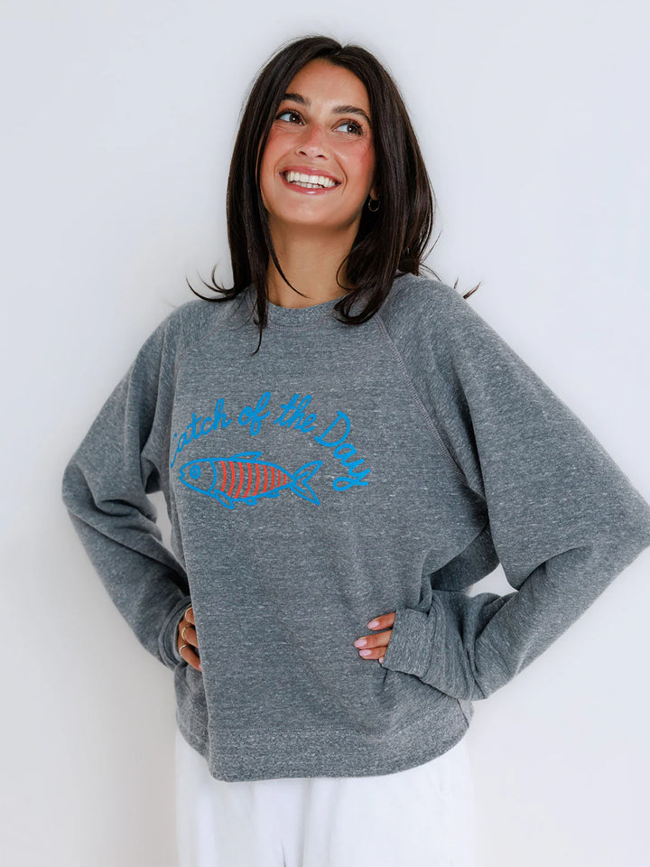 Catch of the Day Raglan Crew in Heather Grey
