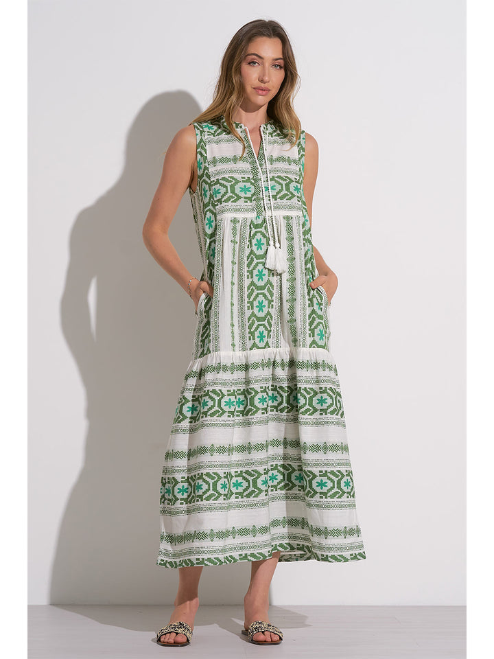 Sleeveless V-Neck Maxi Dress in White Green
