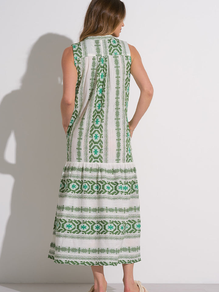 Sleeveless V-Neck Maxi Dress in White Green