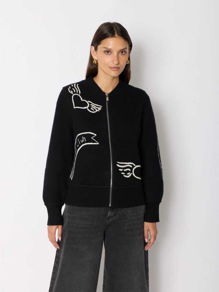 Wool Bomber Cardigan w/Embroidery in Black