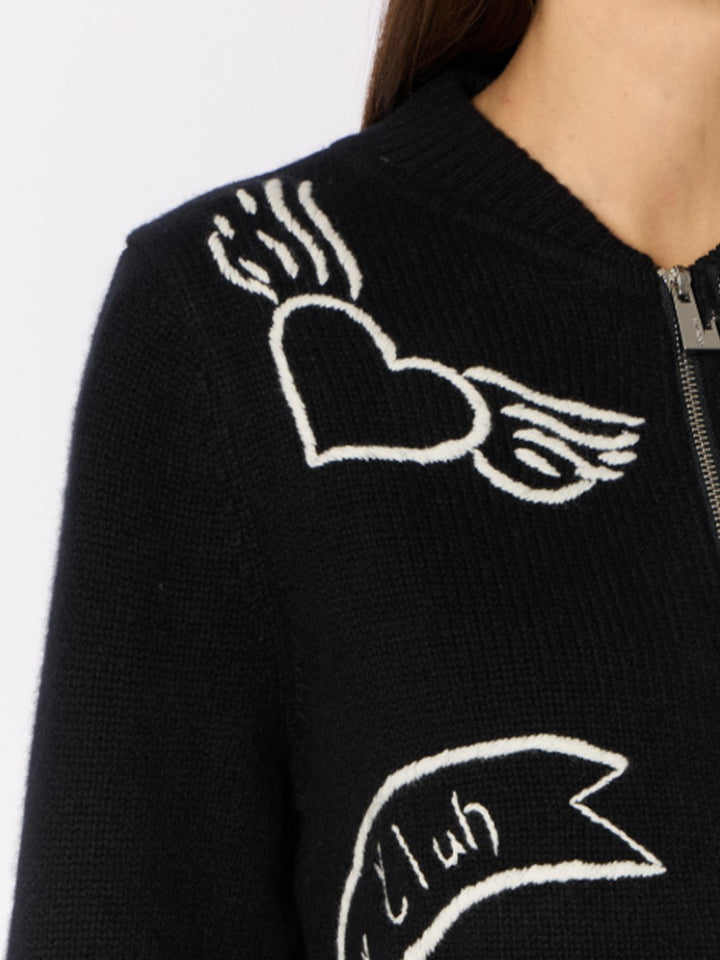Wool Bomber Cardigan w/Embroidery in Black