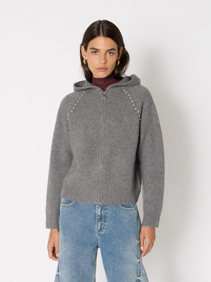 Wool Hooded Cardigan w/Double Zip in Grey
