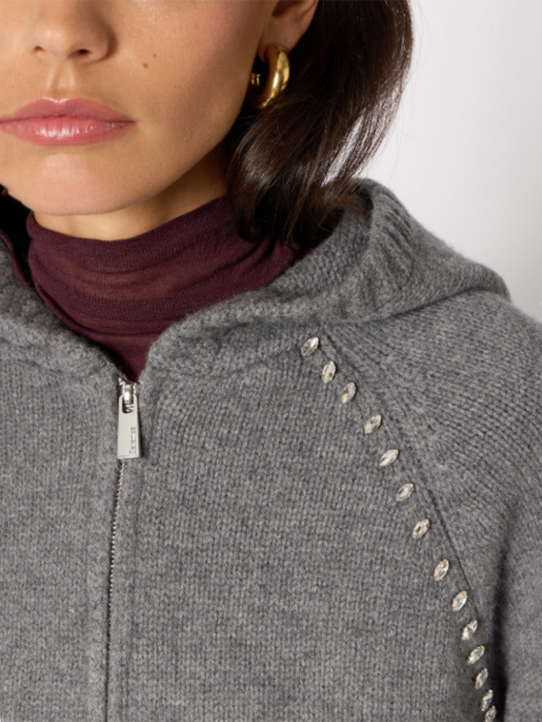 Wool Hooded Cardigan w/Double Zip in Grey