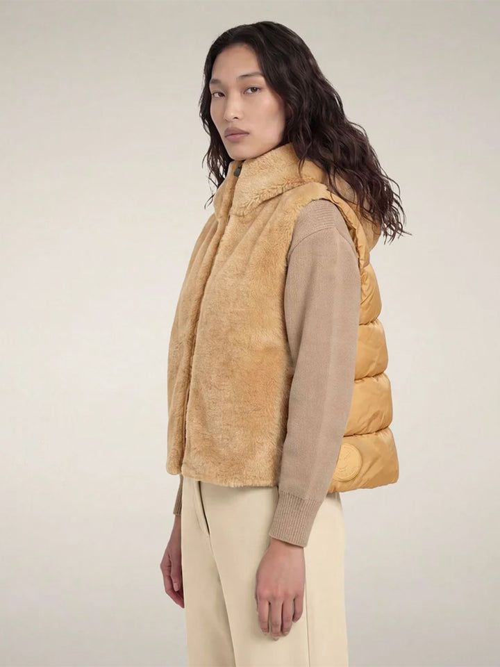 Cassandra Faux Fur Puffer Vest in Stone Beige