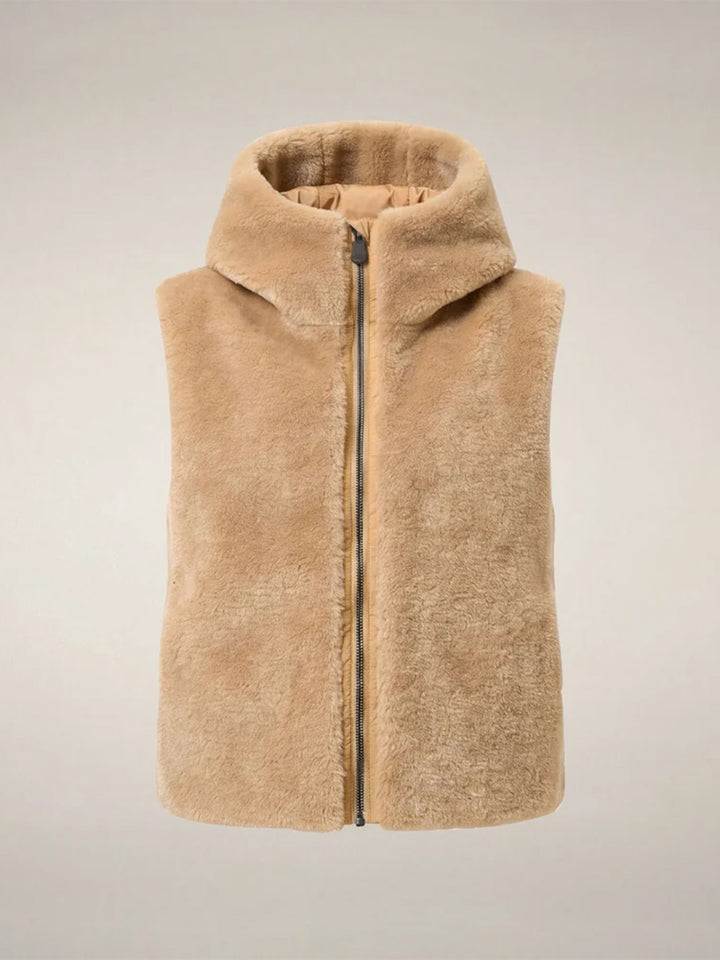 Cassandra Faux Fur Puffer Vest in Stone Beige