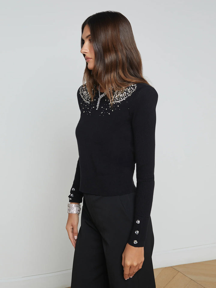 Cesca Embellished Crop Pullover in Black/Crystal