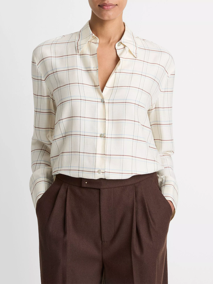 Checked Plaid Button-Front Shirt in Cream Multi