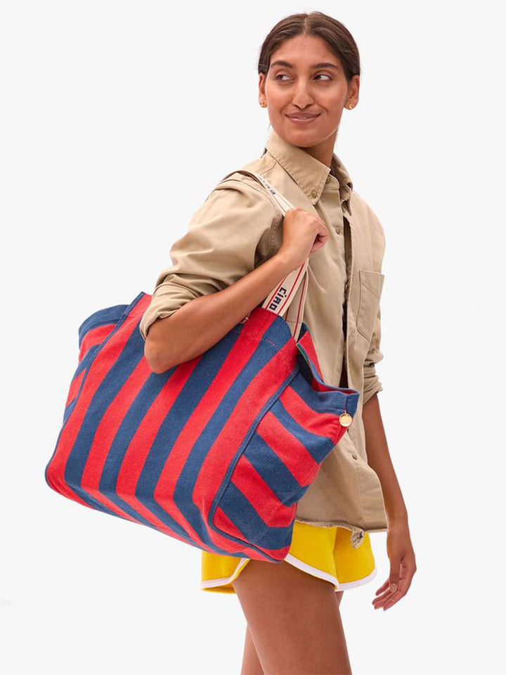 Beach Tote in Poppy French Blue Stripe