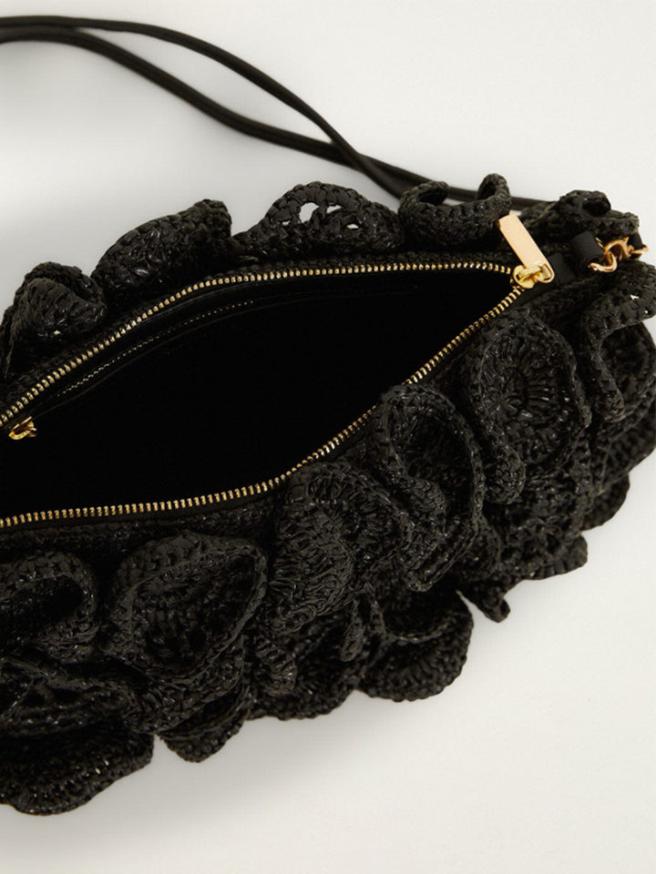 Raffia Flower Clutch in Black