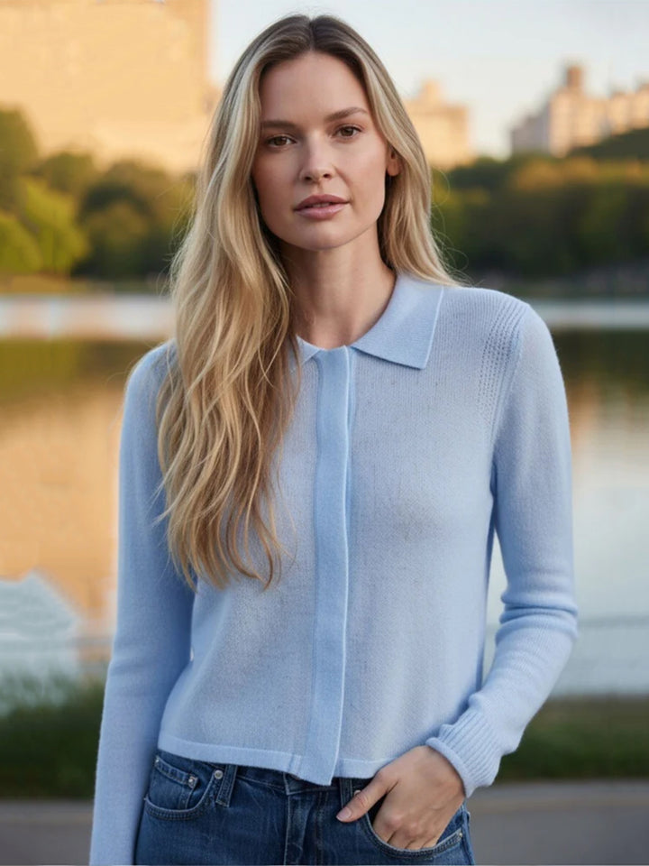 Sheer Luxury Cashmere Cropped Collared Cardigan in Sky Blue