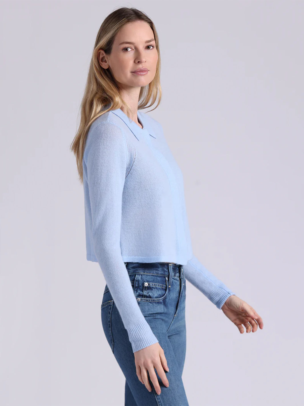 Sheer Luxury Cashmere Cropped Collared Cardigan in Sky Blue