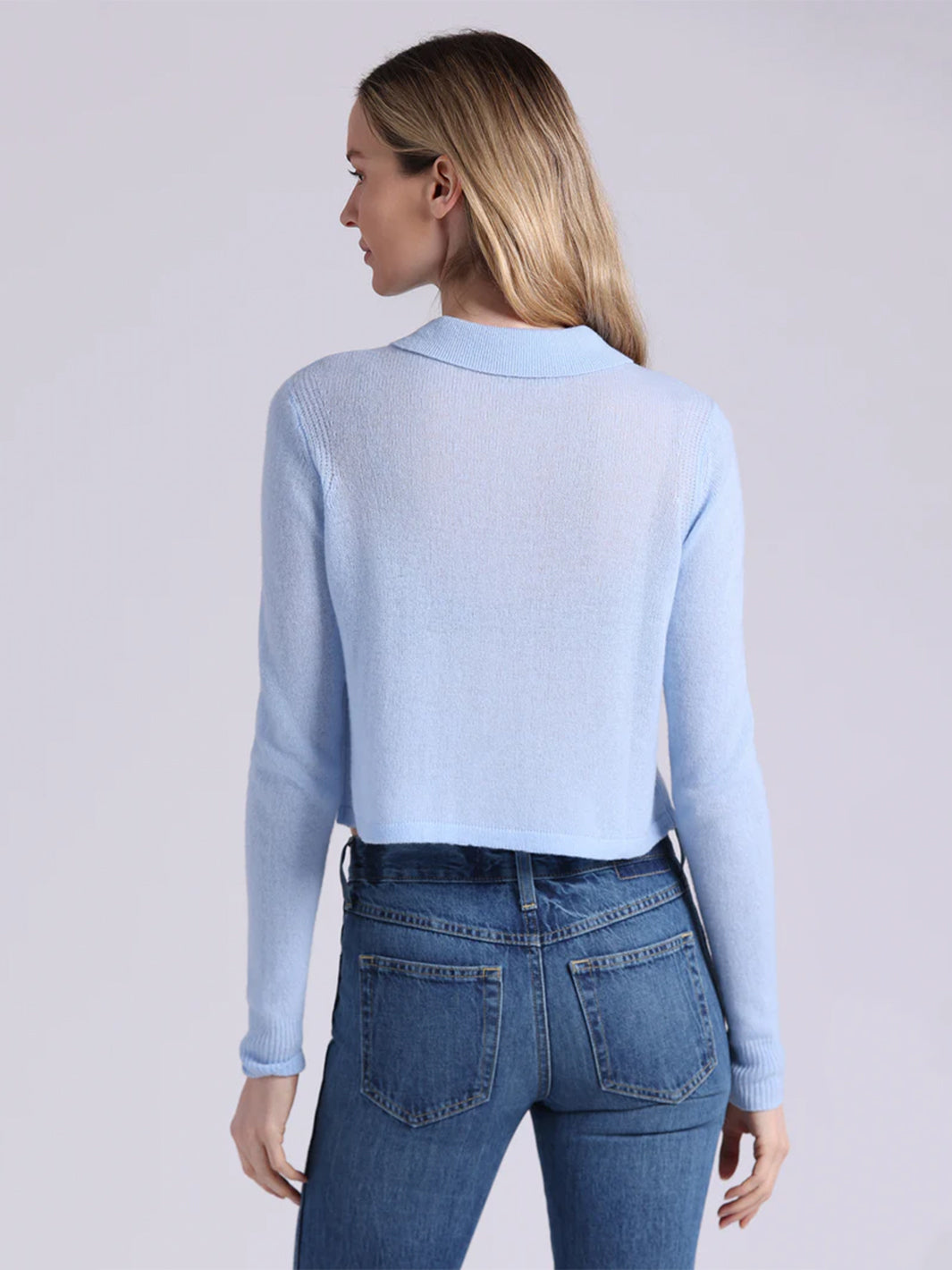 Sheer Luxury Cashmere Cropped Collared Cardigan in Sky Blue