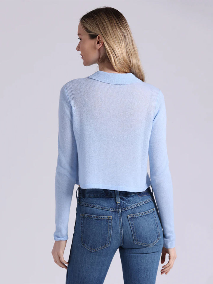 Sheer Luxury Cashmere Cropped Collared Cardigan in Sky Blue
