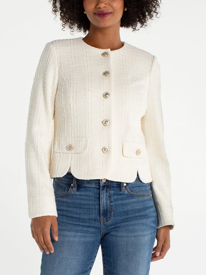 Collarless Jacket With Scallop Detail in Cream