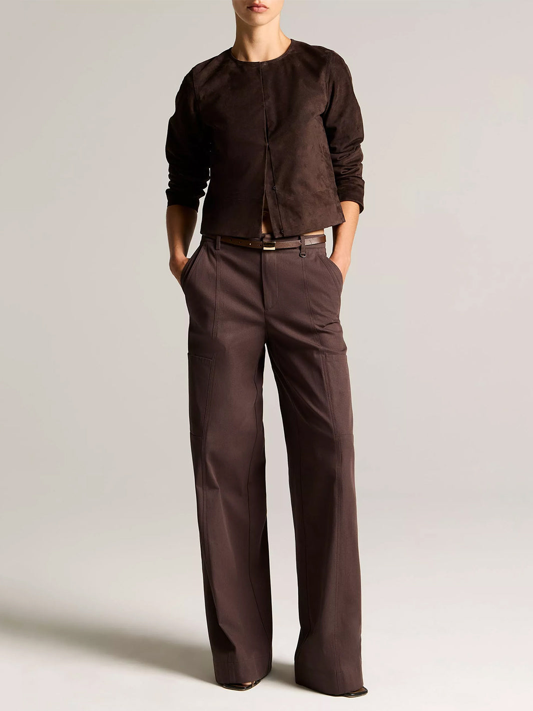 Collarless Cropped Suede Jacket in Iron