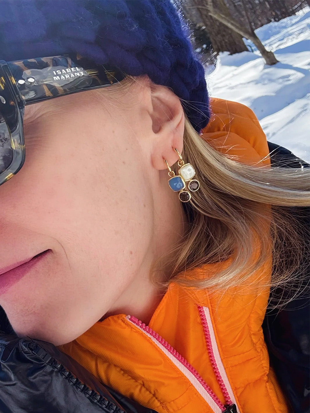 Color Block Charm Huggie Hoop Earrings in Mother of Pearl and Faceted Smoky Quartz