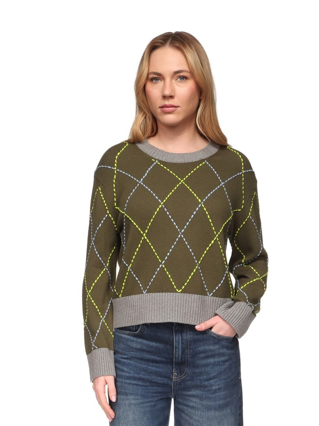 Contrast Diamond Stitch Crew in Khaki Mid Grey