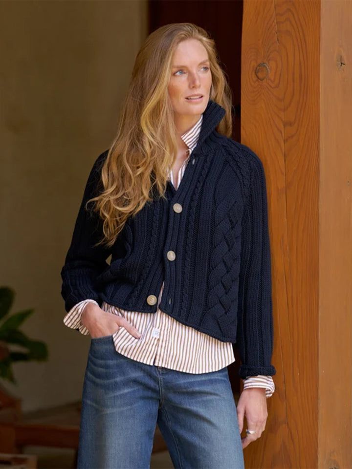 Mini Cotswolds Cropped Cable Knit Cardigan in Marine