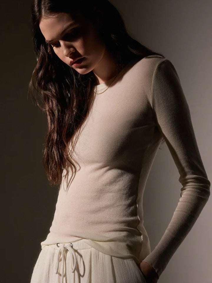 Cotton Cashmere Blend Ribbed Long Sleeve Crew in Ivory