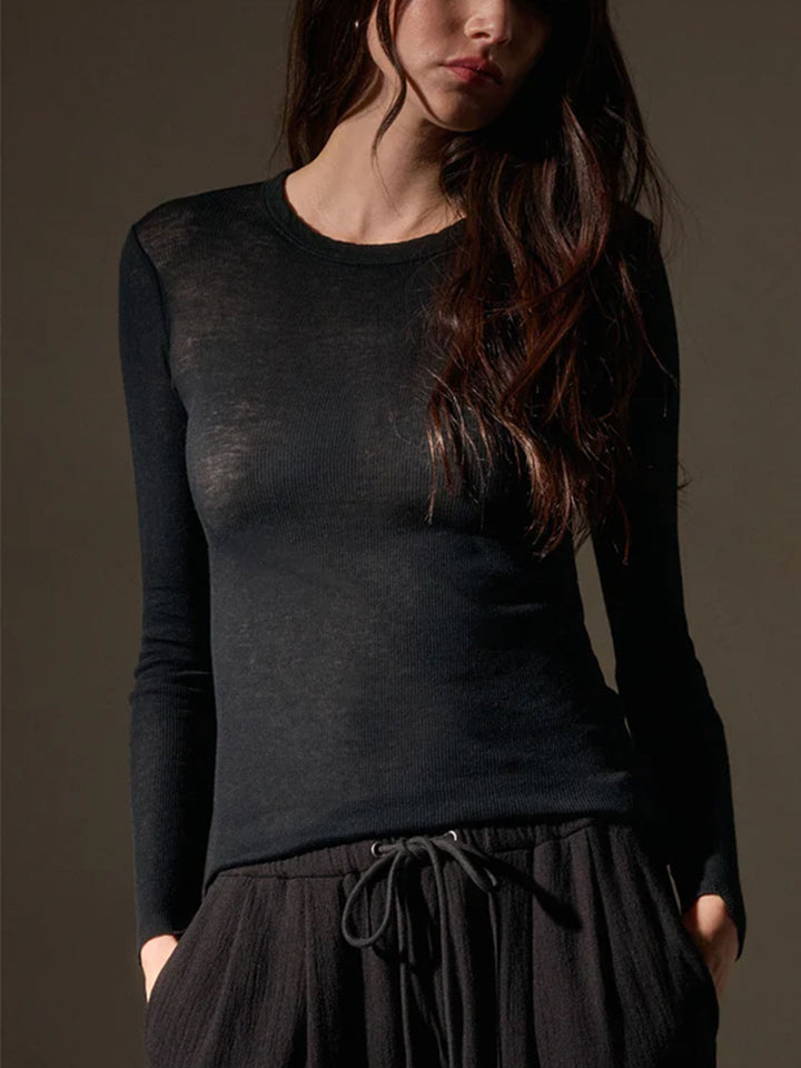 Cotton Cashmere Blend Ribbed Long Sleeve Crew in Black