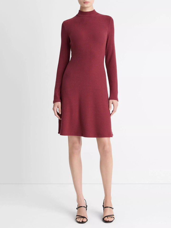 Cozy Rib Mock-Neck Long-Sleeve Dress in Bordeaux