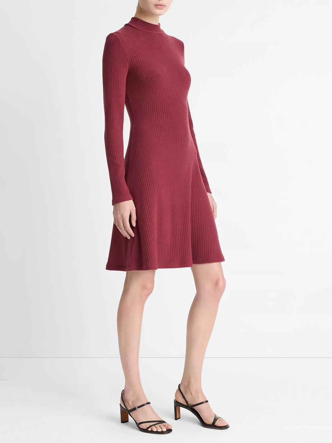 Cozy Rib Mock-Neck Long-Sleeve Dress in Bordeaux