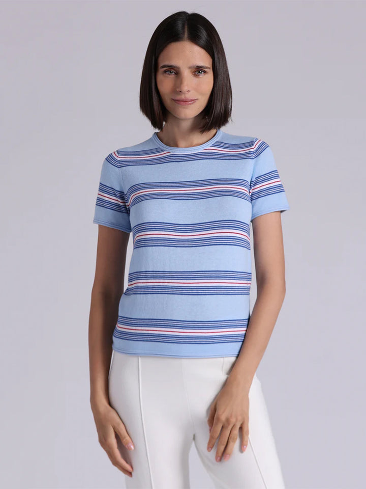 Cotton Cashmere Striped Short Sleeve Crew in Sky Blue