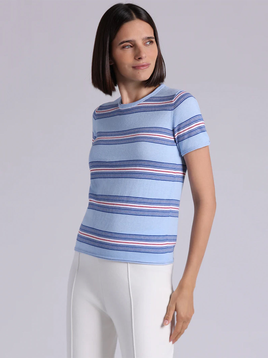 Cotton Cashmere Striped Short Sleeve Crew in Sky Blue