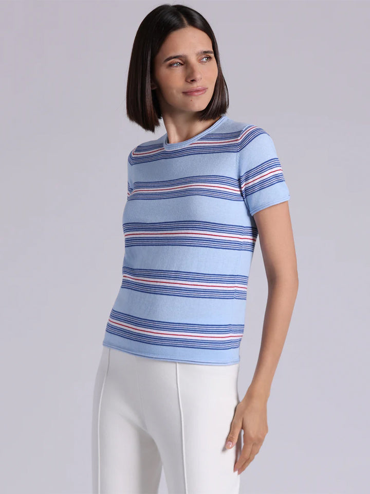 Cotton Cashmere Striped Short Sleeve Crew in Sky Blue