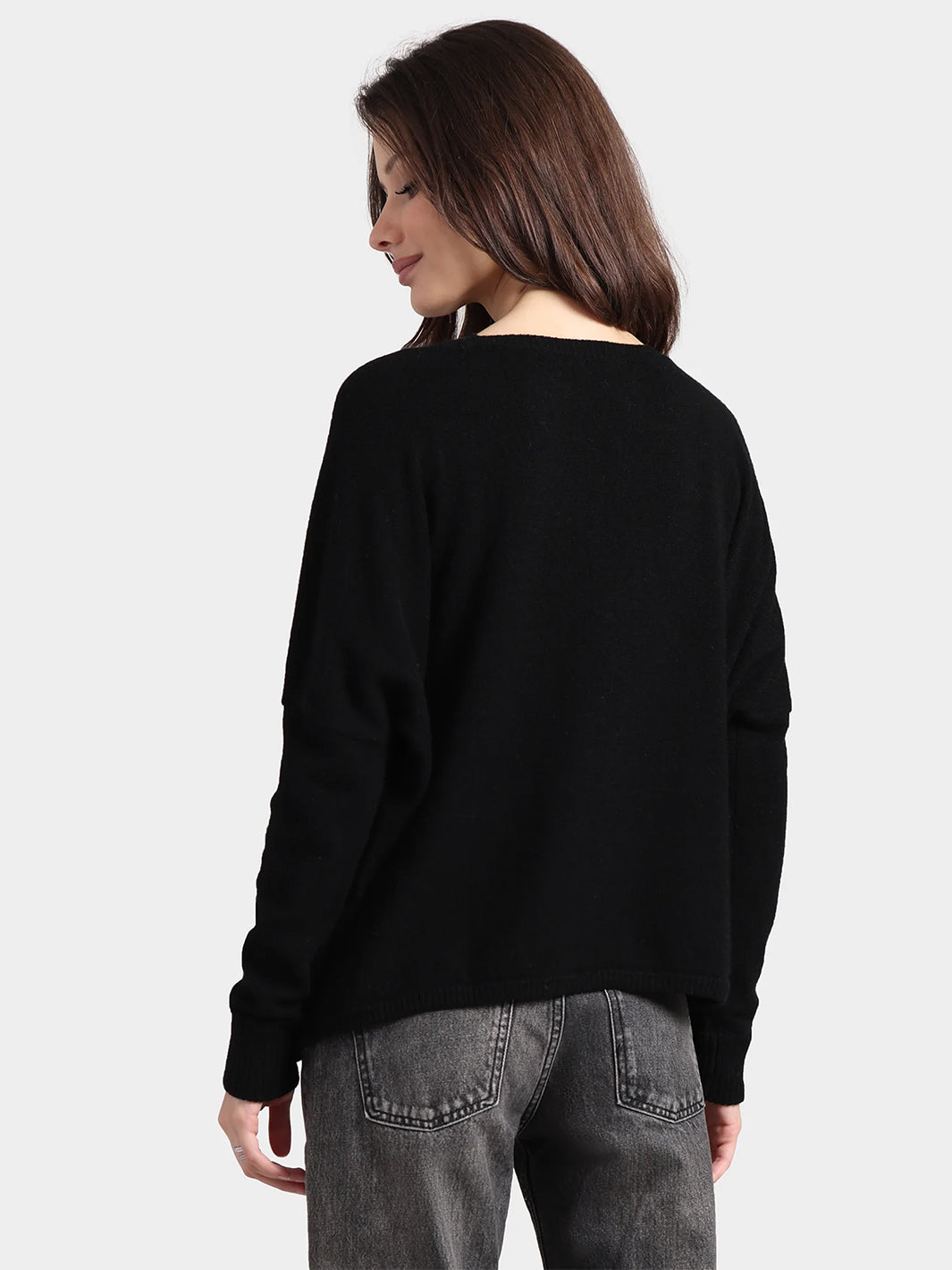 Long Sleeve Cotton Cashmere Crew Sweater in Black