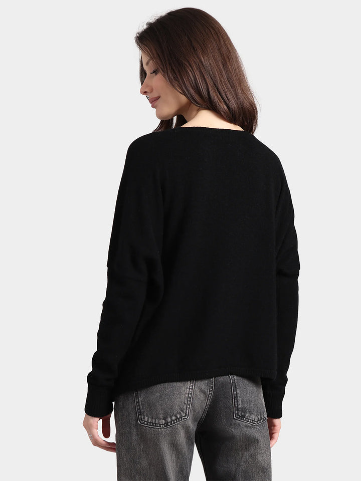 Long Sleeve Cotton Cashmere Crew Sweater in Black