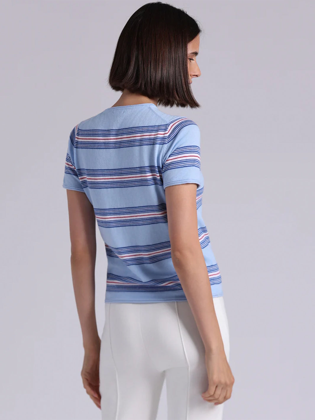 Cotton Cashmere Striped Short Sleeve Crew in Sky Blue