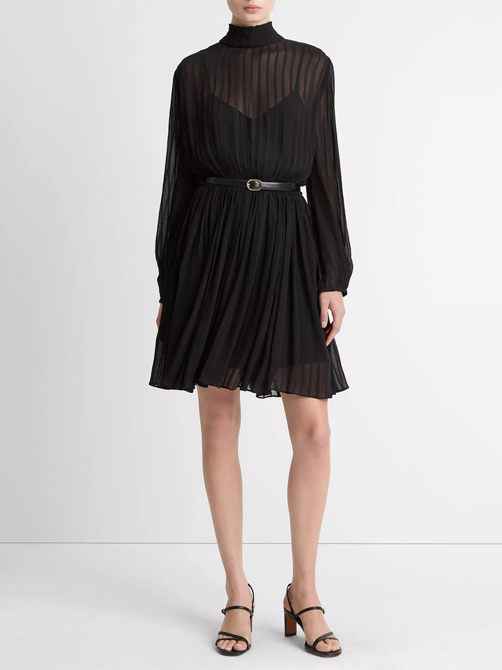 Crinkle Stripe Mock-Neck Dress in Black