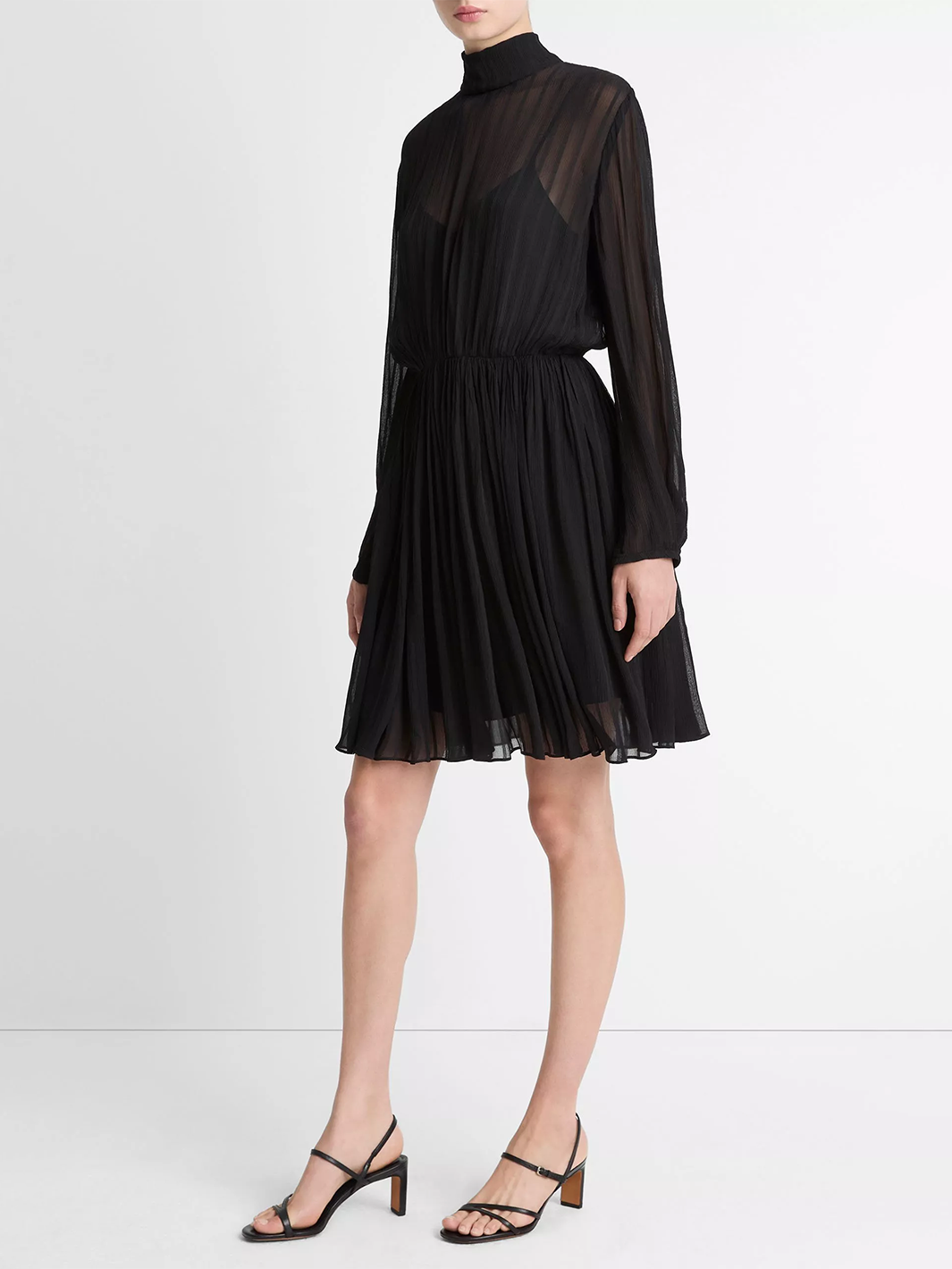 Crinkle Stripe Mock-Neck Dress in Black