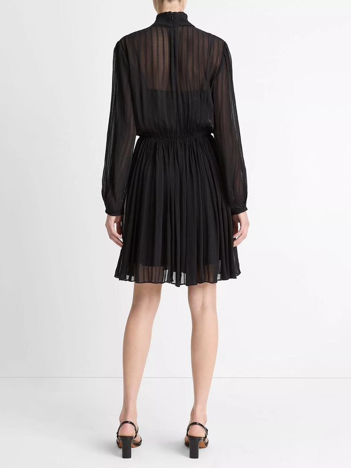 Crinkle Stripe Mock-Neck Dress in Black