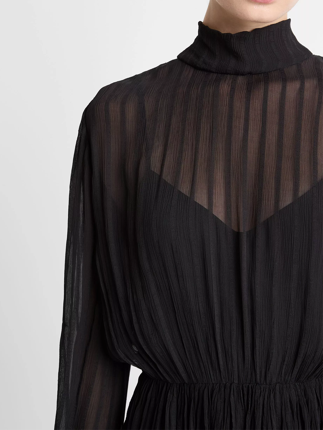 Crinkle Stripe Mock-Neck Dress in Black