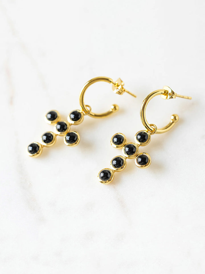 Cross Charm Huggie Hoop Earrings in Black Onyx
