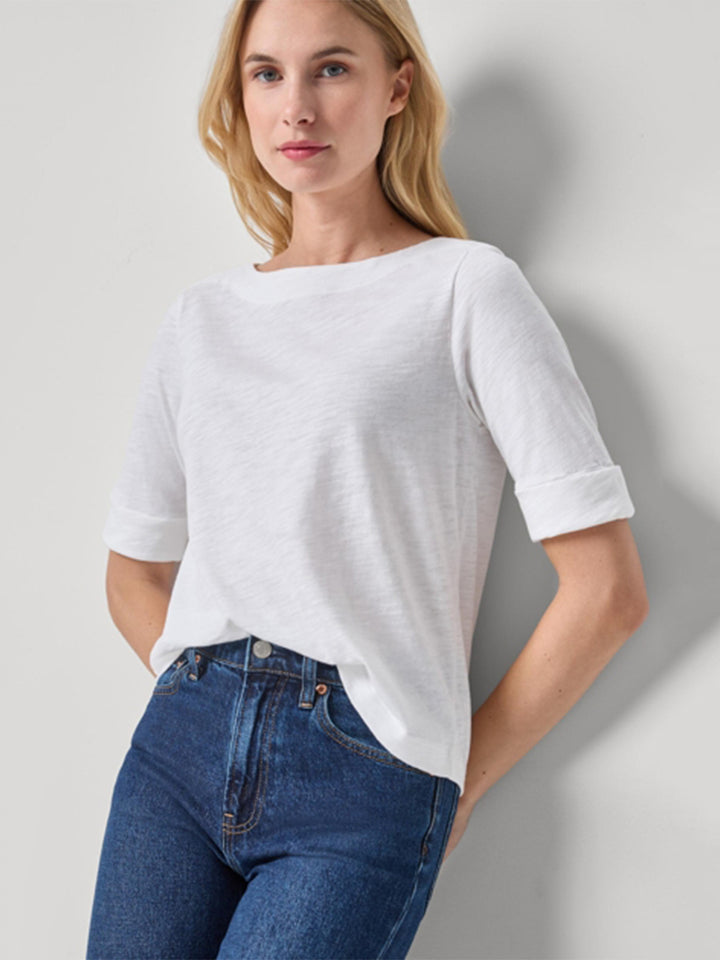Cuffed Sleeve Boatneck in White